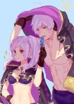  1boy 1girl bikini breasts cape dual_persona female_my_unit_(fire_emblem:_kakusei) fire_emblem fire_emblem:_kakusei fire_emblem_heroes food gloves highres hood long_hair male_my_unit_(fire_emblem:_kakusei) my_unit_(fire_emblem:_kakusei) open_mouth popsicle short_hair smile swim_trunks swimsuit twintails white_hair 