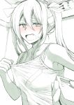  1girl air_conditioner alternate_costume bare_shoulders bra breasts camisole cleavage collarbone commentary controller eyebrows_visible_through_hair fang hair_between_eyes hair_over_shoulder hair_ribbon half-closed_eyes highres kantai_collection long_hair multiple_monochrome open_mouth remote_control ribbon solo sweatdrop tone_(kantai_collection) tube twintails underwear upper_body wavy_mouth yami_(m31) 