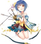  1girl ;o archery arrow artist_request bare_shoulders blue_hair blue_skirt bow_(weapon) broken broken_weapon brown_eyes covering covering_breasts flower full_body gloves hair_flower hair_ornament kitsuki_(oshiro_project) kyuudou official_art one_eye_closed oshiro_project oshiro_project_re partly_fingerless_gloves short_hair skirt tearing_up torn_clothes transparent_background weapon yugake 