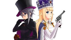  2girls ange_(princess_principal) back-to-back black_cloak black_hat blonde_hair blue_cape blue_eyes breasts cape cavorite_ball cloak crown elbow_gloves gloves grey_hair gun hand_up hat highres long_hair mizuki_(mizuki_ame) multiple_girls princess_(princess_principal) princess_principal small_breasts top_hat weapon white_gloves 