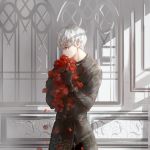  1boy amenohi black_clothes black_gloves covering_mouth flower gloves male_focus nier_(series) nier_automata rose short_hair white_hair yorha_no._9_type_s 