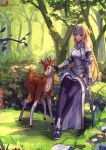  1girl 2016 absurdres animal arm_support armor armored_dress black_gloves black_legwear blonde_hair breasts cleavage dated day deer elbow_gloves fate/apocrypha fate_(series) forest gauntlets gloves hfp~kubiao highres long_hair medium_breasts nature open_mouth outdoors ruler_(fate/apocrypha) sheated sheath sitting smile solo sword thigh-highs very_long_hair violet_eyes weapon 
