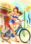  1girl artist_name bandeau bare_shoulders bicycle bird bracelet breasts brown_hair city cleavage day drink drinking drinking_straw full_body ground_vehicle hat high_heels highres jewelry kaohsiung large_breasts lips long_hair looking_at_viewer low_twintails midriff mole mole_under_mouth necklace original outdoors restaurant shawli shop short_shorts shorts solo twintails violet_eyes 