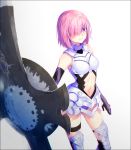  1girl armor armored_dress bangs black_gloves black_legwear black_leotard breasts closed_mouth elbow_gloves fate/grand_order fate_(series) gloves greaves hakusai_(tiahszld) holding holding_shield leotard long_hair looking_at_viewer medium_breasts navel navel_cutout over-kneehighs pink_hair purple_gloves purple_legwear purple_leotard shield shielder_(fate/grand_order) short_hair smile solo standing thigh-highs thigh_strap thighs violet_eyes 