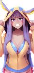  1girl absurdres alternate_costume animal_ears bangs breasts cleavage collarbone dark_skin egyptian facial_mark fate/grand_order fate_(series) grin hair_between_eyes hairband highres hood hoodie long_hair long_sleeves looking_at_viewer medium_breasts nitocris_(fate/grand_order) purple_hair sidelocks smile solo sweat upper_body very_long_hair violet_eyes wadakazu 