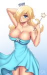  1girl artist_name bangs bare_shoulders blonde_hair blue_eyes blush breasts cleavage collarbone covered_eyes cowboy_shot crown dress earrings eyebrows_visible_through_hair eyelashes gradient gradient_background grigorart jewelry large_breasts legs_together long_hair looking_at_viewer super_mario_bros. nintendo no_bra rosetta_(mario) solo standing star super_mario_galaxy thighs wand 