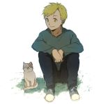  1boy alphonse_elric animal between_legs blonde_hair cat eyebrows_visible_through_hair fullmetal_alchemist grass hand_between_legs happy long_sleeves looking_away male_focus riru shoes short_hair simple_background smile solo_focus white_background yellow_eyes 