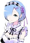  1girl absurdres black_ribbon blue_eyes blue_hair breasts choker cleavage detached_sleeves hair_over_one_eye hair_ribbon head_wreath highres medium_breasts neck_ribbon purple_ribbon re:zero_kara_hajimeru_isekai_seikatsu rem_(re:zero) ribbon ribbon-trimmed_sleeves ribbon_trim short_hair simple_background solo standing upper_body white_background yoshikoro 