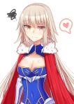 1girl absurdres armor artoria_pendragon_(all) artoria_pendragon_(lancer) blush breasts cape cleavage closed_mouth cosplay fate/grand_order fate_(series) fur-trimmed_cape fur_trim heart highres jeanne_alter ruler_(fate/apocrypha) trim white_background white_hair yellow_eyes 