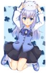  1girl :o angora_rabbit animal animal_on_head arms_up bangs black_skirt blue_background blue_bow blue_bowtie blue_eyes blue_shoes blue_vest blush bow bowtie breasts bunny_on_head buttons chestnut_mouth club_(shape) collared_shirt commentary_request eyebrows_visible_through_hair full_body fuyukichi_(nikoniko1567) gochuumon_wa_usagi_desu_ka? hair_between_eyes hands_up highres jumping kafuu_chino kneehighs knees_together_feet_apart light_blue_hair loafers long_hair long_sleeves looking_at_viewer on_head open_mouth rabbit rabbit_house_uniform shadow shirt shoes sidelocks skirt small_breasts spade_(shape) tippy_(gochiusa) vest white_border white_legwear white_shirt wing_collar 