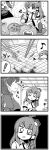  3girls 4koma ^_^ antenna_hair bags_under_eyes betrayal breasts chopsticks closed_eyes comic commentary d: detached_sleeves eating flying_sweatdrops food frog_hair_ornament hair_ornament hair_tubes highres kochiya_sanae kousei_(public_planet) large_breasts long_hair medium_breasts monochrome moriya_suwako multiple_girls musical_note open_mouth repetition rice seiza sitting snake_hair_ornament spoken_musical_note square_mouth staring sweat touhou yakiniku yasaka_kanako 