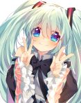  1girl blue_eyes bow bowtie detached_sleeves double_v green_hair hatsune_miku highres kazato_fuuchi long_hair looking_at_viewer smile solo twintails v vocaloid 