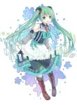  1girl alternate_costume anniversary boots detached_sleeves green_eyes green_hair hatsune_miku knee_boots long_hair musical_note necktie open_mouth pigeon-toed skirt solo twintails very_long_hair vocaloid white_background yonema 