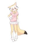  1girl :3 animal_ears blonde_hair blush bow brown_eyes fennec_(kemono_friends) fox_ears fox_tail full_body gradient_legwear highres kemono_friends kyuuri_(miyako) pleated_skirt short_hair short_sleeves skirt smile solo tail thigh-highs white_legwear white_skirt yellow_legwear 