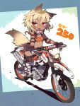  1girl animal_ears bike_shorts blush breasts crab_man dark_skin fang ground_vehicle leaf leaf_on_head looking_at_viewer motor_vehicle motorcycle open_mouth red_eyes small_breasts solo tail 