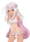  1girl absurdres bikini bikini_skirt brain_freeze cowboy_shot grey_eyes hair_ribbon highres kantai_collection long_hair looking_at_viewer natsu_(sinker8c) one-piece_tan pink_jacket ribbon ro-500_(kantai_collection) silver_hair simple_background solo swimsuit tan tanline white_background white_bikini 