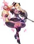  1girl armor blonde_hair dress elise_(fire_emblem_if) fire_emblem fire_emblem_heroes fire_emblem_if full_body gloves hair_ribbon highres long_hair official_art open_mouth ribbon simple_background smile solo staff twintails violet_eyes 