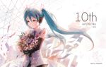  1girl anniversary artist_name bangs blue_eyes blue_hair blue_necktie bouquet character_name closed_mouth cube dated envelope flower globe hair_between_eyes hatsune_miku holding holding_bouquet long_hair necktie paper shirt sishenfan sleeveless sleeveless_shirt smile solo tareme twintails upper_body very_long_hair vocaloid white_shirt 