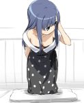  1girl blue_eyes blue_hair bra dress ikezawa_shin leaning_forward long_hair magia_record:_mahou_shoujo_madoka_magica_gaiden mahou_shoujo_madoka_magica nanami_yachiyo polka_dot polka_dot_dress underwear 