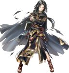  1boy black_hair book cape facial_mark fire_emblem fire_emblem:_souen_no_kiseki fire_emblem_heroes full_body gloves highres long_hair male_focus official_art open_mouth red_eyes simple_background solo soren torn_clothes 