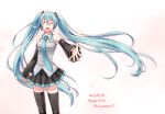  1girl 2017 :d ^_^ anniversary aqua_hair aqua_necktie black_legwear character_name closed_eyes dated detached_sleeves hatsune_miku headset highres long_hair necktie open_mouth petals pleated_skirt skirt smile solo standing thigh-highs twintails umetofu very_long_hair vocaloid zettai_ryouiki 