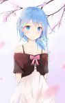  1girl alternate_hairstyle arms_behind_back blue_eyes blue_hair blush cherry_blossoms dress hatsune_miku highres looking_at_viewer petals solo vocaloid 