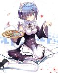  1girl animal_ears apron black_hairband black_ribbon black_skirt blue_eyes blue_hair cat_ears cat_tail choker hair_between_eyes hair_ribbon hairband heart highres looking_at_viewer lucky_(1045044604) miniskirt neck_ribbon pantyhose petals pink_ribbon re:zero_kara_hajimeru_isekai_seikatsu rem_(re:zero) ribbon short_hair sitting skirt smile solo tail tail_ribbon white_apron white_legwear 