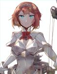  1girl aqua_eyes ark_royal_(kantai_collection) bob_cut bow_(weapon) breasts cleavage compound_bow hairband itomugi-kun kantai_collection looking_at_viewer machinery redhead ribbon simple_background small_breasts smile solo tiara weapon white_background 