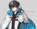  1boy armor black_hair blue_eyes cape character_name charlemagne_(fate) chocoan fate/extella fate/extella_link fate/extra fate_(series) grey_background male_focus multicolored_hair short_hair simple_background smile solo star two-tone_hair upper_body v 