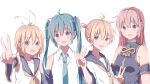  1boy 3girls :d androgynous aqua_hair bangs blonde_hair blue_eyes blush bow detached_sleeves eyebrows_visible_through_hair fang hair_between_eyes hair_bow hand_up hatsune_miku headphones highres kagamine_len kagamine_rin long_hair looking_at_viewer megurine_luka mimengfeixue multiple_girls open_mouth pink_hair ponytail sailor_collar shirt short_hair short_sleeves sidelocks simple_background sleeveless sleeveless_shirt smile upper_body v vocaloid white_background white_bow white_shirt 