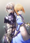  2girls ahoge armor armored_dress artoria_pendragon_(all) back-to-back blue_dress blue_eyes blue_hair dress excalibur eyebrows_visible_through_hair fate_(series) gauntlets green_eyes grey_background highres holding holding_sword holding_weapon long_hair looking_at_viewer multiple_girls ruler_(fate/apocrypha) saber sheath sheathed short_hair_with_long_locks sidelocks silver_hair smile sword takatou_suzunosuke weapon 