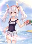  :&lt; absurdres animal_ears beach bilan_hangxian blush breasts fake_animal_ears headband highres laffey_(bilan_hangxian) lavender_hair looking_at_viewer octopus palm_tree red_eyes school_swimsuit sky small_breasts solo swimsuit tree twintails wet wet_clothes wet_swimsuit 