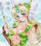  1girl artist_name at_classics blonde_hair blue_eyes blush breasts bridal_gauntlets cleavage closed_mouth erect_nipples forehead_jewel holding holding_weapon large_breasts long_hair looking_at_viewer riesz sample seiken_densetsu seiken_densetsu_3 sidelocks smile solo traditional_media upper_body watermark weapon 