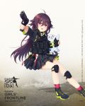  1girl :3 :d ahoge animal bangs black_shoes black_skirt blush character_name copyright_name eyebrows_visible_through_hair fish_hair_ornament girls_frontline gun hair_between_eyes hair_flaps hair_ornament hairclip handgun highres holding holding_animal holding_gun holding_weapon holster hood hoodie knee_pads load_bearing_vest long_hair long_sleeves looking_at_viewer official_art open_mouth p226_(girls_frontline) philomelalilium pink_legwear pistol pleated_skirt purple_hair seal shadow shoes sig_sauer_p226 skirt smile sneakers socks solo standing tareme violet_eyes weapon 