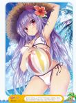  1girl arm_up armpits ball bangs beachball bikini blue_sky breast_rest breasts cleavage contrapposto cowboy_shot day dengeki_moeou eyebrows_visible_through_hair fisheye flower from_below gluteal_fold hair_flower hair_ornament hat highres horizon large_breasts long_hair navel outdoors parted_lips pink_eyes purple_hair see-through side-tie_bikini sky solo straw_hat sun_hat sunlight swimsuit tateha_(marvelous_grace) very_long_hair 
