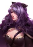  1girl breasts camilla_(fire_emblem_if) capelet cleavage fire_emblem fire_emblem_heroes fire_emblem_if hair_over_one_eye highres ivetto large_breasts long_hair looking_to_the_side purple_hair solo tiara upper_body violet_eyes wavy_hair 