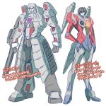  2boys arm_cannon cannon decepticon hand_on_hip insignia kamizono_(spookyhouse) machine machinery mecha megatron multiple_boys no_humans personification red_eyes redesign robot simple_background smile starscream transformers translation_request weapon 