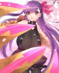  1girl artist_request bare_shoulders bow breasts claws cleavage fate/extra fate/extra_ccc fate/grand_order fate_(series) hair_ribbon highres huge_breasts long_hair looking_at_viewer o-ring o-ring_top passion_lip pink_eyes purple_hair ribbon solo very_long_hair 