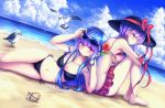  2girls bare_arms bare_legs barefoot beach bikini bikini_skirt bird black_hat blue_hair blue_sky breasts cleavage clouds cloudy_sky crustacean day hat hat_ribbon hinanawi_tenshi large_breasts long_hair lying medium_breasts multiple_girls nagae_iku navel on_side outdoors purple_hair red_eyes red_ribbon ribbon seagull side-tie_bikini sitting sky summer sunglasses sunglasses_on_head swimsuit t.m_(aqua6233) touhou 