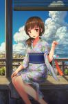  1girl bangs blue_eyes brown_eyes brown_hair clouds commentary_request day grin holding house japanese_clothes kimono long_sleeves looking_at_viewer open_mouth original outdoors poripori sash shiny shiny_hair short_hair sitting smile solo sunlight village wide_sleeves wind_chime yokozuwari yukata 