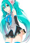  1girl akira_ry0 aqua_eyes aqua_hair arms_behind_back cowboy_shot detached_sleeves hatsune_miku long_hair looking_at_viewer necktie solo twintails very_long_hair vocaloid white_background 
