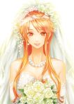  1girl bad_id bare_shoulders bouquet breasts bridal_veil cleavage closed_mouth collarbone dress earrings elbow_gloves female flower gloves holding holding_bouquet jewelry long_hair looking_at_viewer medium_breasts nami_(one_piece) necklace one_piece orange_eyes orange_hair pearl_earrings pearl_necklace senbei_(roof-lock) sleeveless sleeveless_dress smile solo standing strapless strapless_dress upper_body veil wedding_dress white_background white_dress white_flower white_gloves 