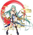 1girl absurdly_long_hair ahoge black_gloves black_legwear blue_eyes blush breasts cleavage earrings elbow_gloves eyebrows_visible_through_hair full_body gloves green_hair heart heart_earrings holding holding_sword holding_weapon jewelry large_breasts long_hair looking_at_viewer murakami_yuichi official_art one_eye_closed oshiro_project oshiro_project_re sheath sheathed smile solo sword thigh-highs tokugawa_osaka_(oshiro_project) torn_clothes torn_thighhighs transparent_background very_long_hair weapon 
