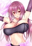  1girl armpits arms_up bare_shoulders blush bra breasts cheerleader detached_sleeves fate/grand_order fate_(series) highres huge_breasts large_breasts long_hair looking_at_viewer navel open_mouth pom_poms purple_hair red_eyes ribbon sankakusui scathach_(fate/grand_order) simple_background skirt sleeveless solo sweat underwear 