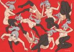  artist_name blue_eyes censored covering covering_ass expressions falling feet_together floating from_behind from_below grey_hair heart heart_censor legs_together magion02 nude original panties ponytail poses red_background thigh-highs top-down_bottom-up twisted_torso underwear 