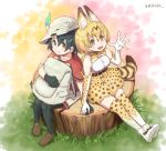  2girls :d animal_ears backpack backpack_removed bag bangs black_eyes black_hair black_legwear blonde_hair blush bow bowtie breasts brown_shoes bucket_hat closed_mouth dot_nose elbow_gloves eyebrows_visible_through_hair fingernails gloves grass hair_between_eyes hand_holding hat hat_feather kaban_(kemono_friends) kemono_friends light_brown_eyes looking_at_viewer looking_up medium_breasts multiple_girls open_mouth pantyhose red_shirt serval_(kemono_friends) serval_ears serval_print serval_tail sharp_fingernails shirt shoes short_hair short_sleeves shorts signature sitting skirt sleeveless sleeveless_shirt slit_pupils smile tail tree_stump umiroku waving white_shirt white_shoes white_shorts yellow_skirt 