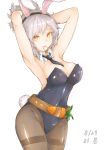  adjusting_hair animal_ears armpits arms_up artist_request bangs bare_arms battle_bunny_riven breasts bunny_tail bunnysuit carrot cleavage covered_navel cowboy_shot groin hairband highres korean league_of_legends leotard looking_at_viewer medium_breasts necktie pantyhose pointy_ears rabbit_ears riven_(league_of_legends) silver_hair simple_background strapless sweatdrop tail tied_hair white_background yellow_eyes 
