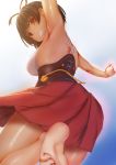  1girl arm_up armpits back barefoot breasts brown_hair commentary from_behind from_below grin gundam00uc hakama_skirt highres koutetsujou_no_kabaneri looking_at_viewer looking_down medium_breasts mumei_(kabaneri) pleated_skirt red_eyes scar short_hair skirt smile soles solo toe_scrunch 