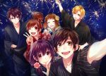  ;d aida_miou album_cover blonde_hair blush brown_hair closed_eyes closed_mouth collarbone cover enomoto_natsuki finger_to_mouth fireworks flower hair_bun hair_flower hair_ornament hayasaka_akari honeyworks japanese_clothes kimono kokuhaku_jikkou_iinkai looking_at_another mochizuki_souta official_art one_eye_closed open_mouth pectorals purple_hair self_shot serizawa_haruki setoguchi_yuu short_hair sky smile star_(sky) starry_sky v violet_eyes yamako_(state_of_children) yukata 