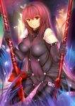  1girl absurdres armor bodysuit breasts covered_navel fate/grand_order fate_(series) gae_bolg gu_li highres holding holding_weapon large_breasts long_hair looking_at_viewer open_mouth pauldrons polearm purple_bodysuit purple_hair red_eyes scathach_(fate/grand_order) shoulder_armor sitting skin_tight smile solo spear wariza weapon 